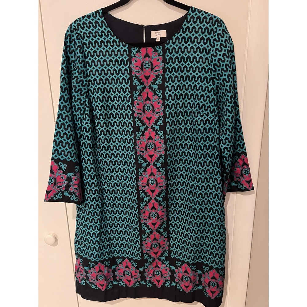 Crown &‎ Ivy Women's Size 10 Sheath Dress Navy Teal & Hot Pink 3/4 Sleeve